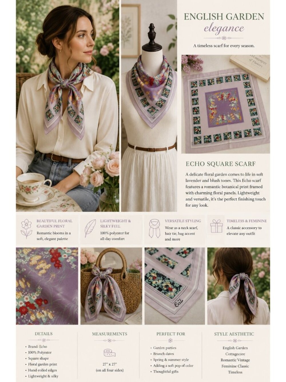 Echo Floral Garden Print Square Scarf 27x27 Pink Lavender Mint Polyester Vintage